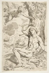 Sint Sebastiaan doorboord met pijlen en vastgebonden aan een boom, kopie naar Cantarini, ca. 1639 of later
