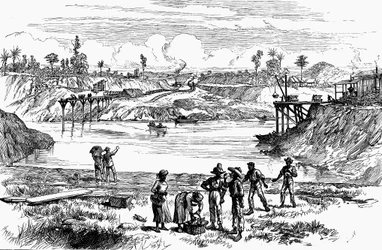 Scène uit de poging van de Lesseps om het Panamakanaal te graven, 1888