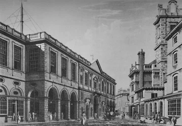 Tweede Royal Exchange, Noordkant, in 1798. Exterieur van Lloyds Rooms, 1928