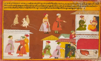 Dienaar beschermt het huis waar een koning dood ligt, uit een Pancha Tantra-manuscript, midden 18e eeuw