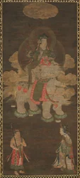 Shakyamuni Triade: Boeddha bijgestaan door Manjushri en Samantabhadra Bodhisattva met olifant, laat 1e eeuw