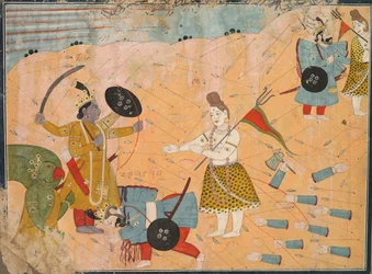 Shiva bemiddelt voor Vanasura: Scène uit de Aniruddha Usha Sectie van Krishna Lila, ca. 1840