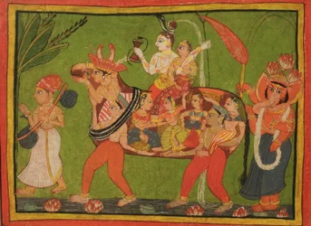 Shiva en Parvati op een samengestelde koe gemaakt van vrouwen