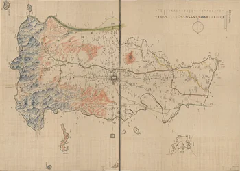 Toont bergen, rivieren, steden, dorpen, markten, tempels en wegen in Anyang County, Henan Province