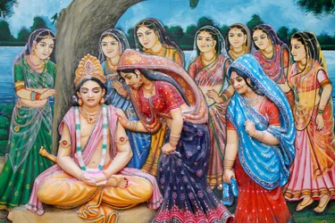 Shree Krishna neemt de vorm aan van Gauranga, Vrindavan, India