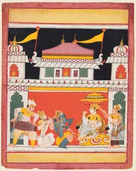 Shri Raga, uit een Ragamala-serie, Drie muzikanten spelen voor een edelman, c. 1650