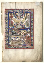 Enkel blad uit een evangelieboek: De geboorte recto en St. Matteüs verso