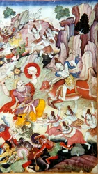 Siva vernietigt de demon en Haka, Harivamsa-manuscript, Mughal School
