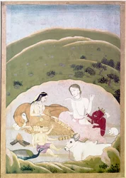 Siva en Parvati met hun kinderen, Ganesh en Karttikgya op de berg Kailash, ca. 1745