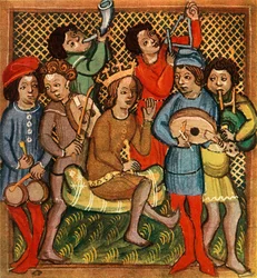 Kleine trommels, viool, hoorn, triangel, luit en doedelzak, Olomouc Bijbel, 1417, 1948