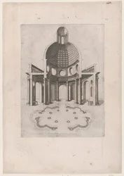 Speculum Romanae Magnificentiae: Interieur en plattegrond van een achthoekige tempel, ..., 16e eeuw