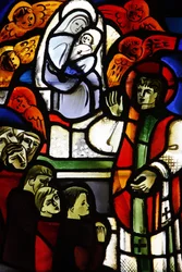 Glas-in-loodraam met afbeelding van Don Bosco in Notre-Dame-de-la-Trinité kerk, Blois, Frankrijk