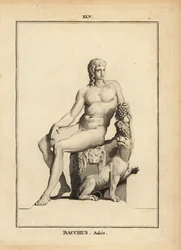 Standbeeld van Bacchus, de Romeinse god van de wijn, naakt zittend met een tros druiven en een hond