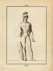 Standbeeld van Mars, Romeinse god van de oorlog, met helm en schild