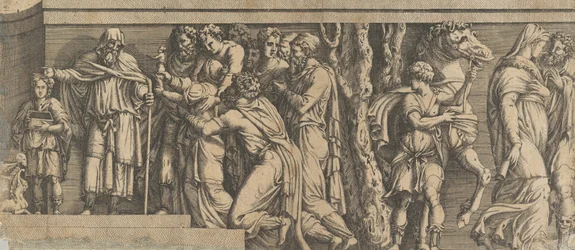 Standbeeld van Niobe en haar aanbidders, met Apollo en Diana en andere figuren, 1543-47