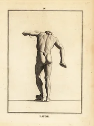 Standbeeld van een faun bij een Bacchanaal met cimbalen en scabellum