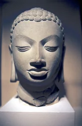 Stenen hoofd van Boeddha, Gupta, India, 5e eeuw