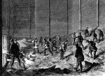 Opslag van ijs in geïsoleerde schuren bij Charless Ice Store, Chelsea, Londen, 1861
