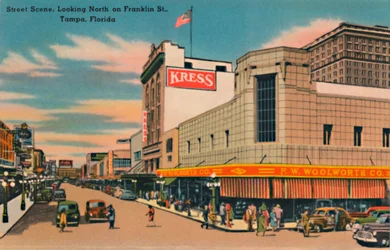 Straatscène, kijkend naar het noorden op Franklin St., Tampa, Florida, ca. 1940s