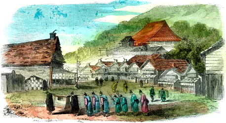 Straat in Hakodate en begrafenisstoet, Japan, 1856