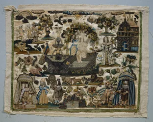 Stumpwork paneel: Verhaal van David en Bathseba, 1658