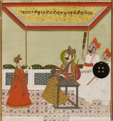 Surat Singh zit op een leeuwenarmige troon en ontvangt zijn jonge zoon, ca. 1800