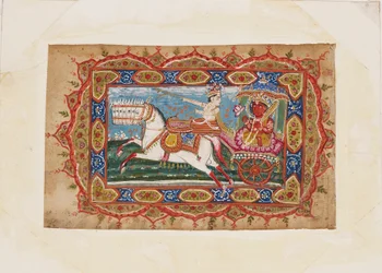 Surya, de zonnegod, in een wagen getrokken door zeven paarden