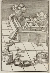 Techniek en instrumenten voor het verwarmen van zilvererts - Gravure uit Beschrijving van mineralen en de belangrijkste mijnbouwmethoden, van Lazarus Ecker