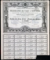 Telegrafie, Algemeen Parijs-New York Telegraaf Aandeelcertificaat, 27 maart 1879