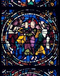 De arrestatie van Christus, kus van Judas, gebrandschilderd glas, kathedraal van Chartres, 1194-1260