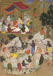 Het ontwaken van Kumbhakarna in de Gouden Stad Lanka, Folio uit een Ramayana, ca. 1605