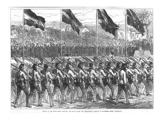 The Black Watch 42nd Highlanders marcheren naar Governors Green, Portsmouth, 1874