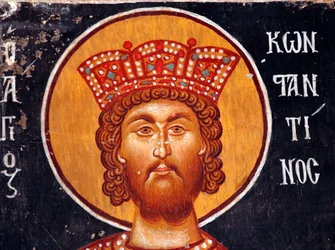 De Byzantijnse Fresco uit de 15e eeuw (Detail): De Keizer Constantijn Muurschildering Michael Aartsengel Kerk in Pedoulas Cyprus Geschilderde kerken UNESCO site Troodos, Cyprus