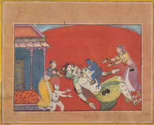 De dood van de demon Putana: Folio uit een Bhagavata Purana-serie, ca. 1610