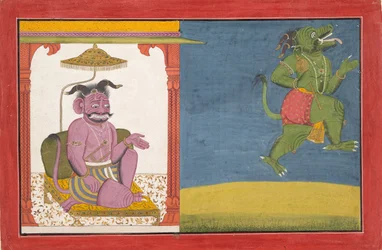 De demon Hiranyaksha vertrekt uit het demon paleis, uit een Bhagavata Purana serie
