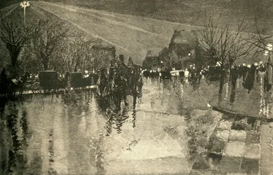 Het elektrische licht op Madison Square, New York, op een bewolkte avond, 1882