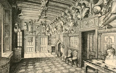 De Entreehal. -Langs de muur staan vele oude harnassen, 1882