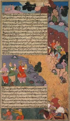 Het eerste avontuur van het witte paard, pagina uit de Khan Khanans Razm Nama..., c. 1610-17