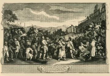 De luie leerling geëxecuteerd in Tyburn. Na de prent van Hogarth, 1747, ca. 1876