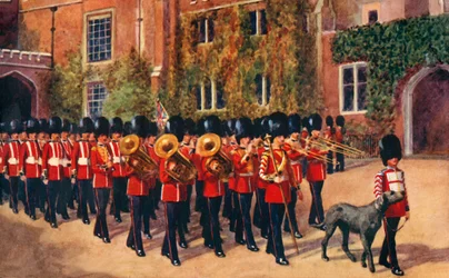 De Irish Guards verlaten St. James Palace na het wisselen van de wacht, 1933
