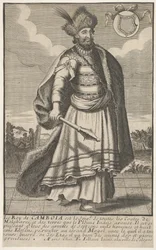 De Koning van Cambodja staand met een Scepter in zijn Rechterhand