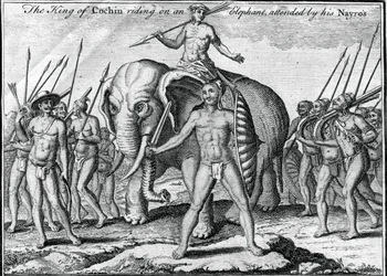 De Koning van Cochin rijdend op een olifant, vergezeld door zijn Nayros, ca. 1745
