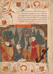 De oude slang vertelt het verhaal van het bijten van de zoon van de asceet per ongeluk, Folio uit een Kalila..., 18e eeuw