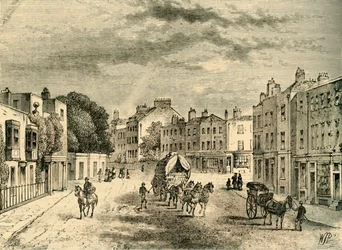 Het oude dorp Vauxhall, met ingang naar de tuinen, in 1825, ca. 1878