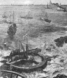 De Prins van Wales legt de eerste steen van de nieuwe Eddystone Lighthouse, 1879