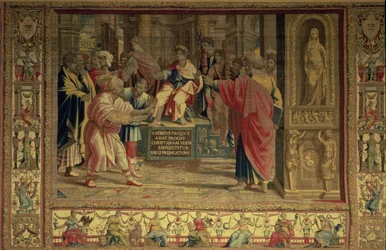 De tovenaar Elymas blind geslagen door St. Paulus voor de Romeinse gouverneur Sergius Paulus (detail)