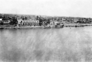 De rivier de Tigris vanaf het 31e Britse veldhospitaal, Bagdad, Mesopotamië, WOI, 1918