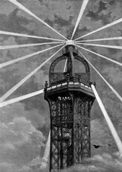 Het elektrische licht bovenop de Eiffeltoren, Parijs, 1889