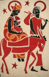 De vlucht naar Egypte. De fresco in de Keur Moussa abdijkerk werd ontworpen en geschilderd in 1963 door Dom Georges Saget, Keur Moussa, Senegal