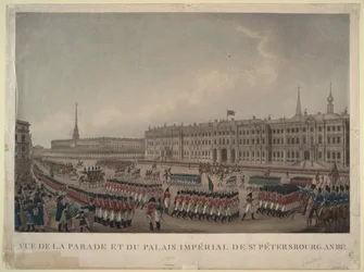 De parade voor het Winterpaleis in Sint-Petersburg in 1812